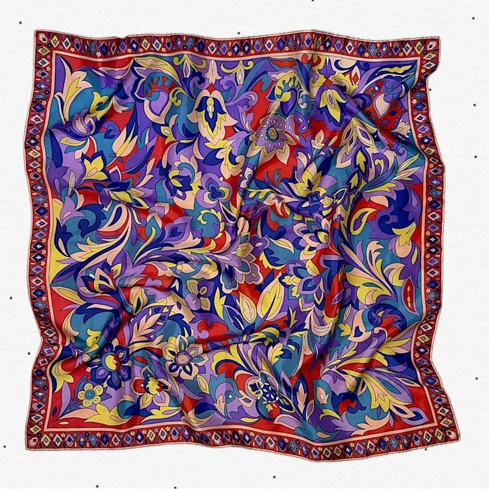 Vintage Vibrant Multicolor Floral Silk Square Scarf